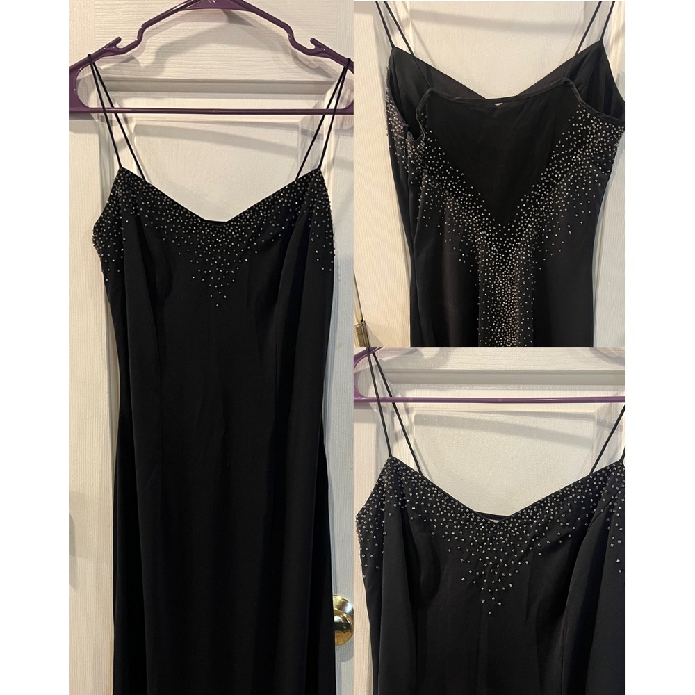VTG Y2K Dave & Johnny Black Beaded Spaghetti Strap Maxi Prom Gown Slit Goth XS